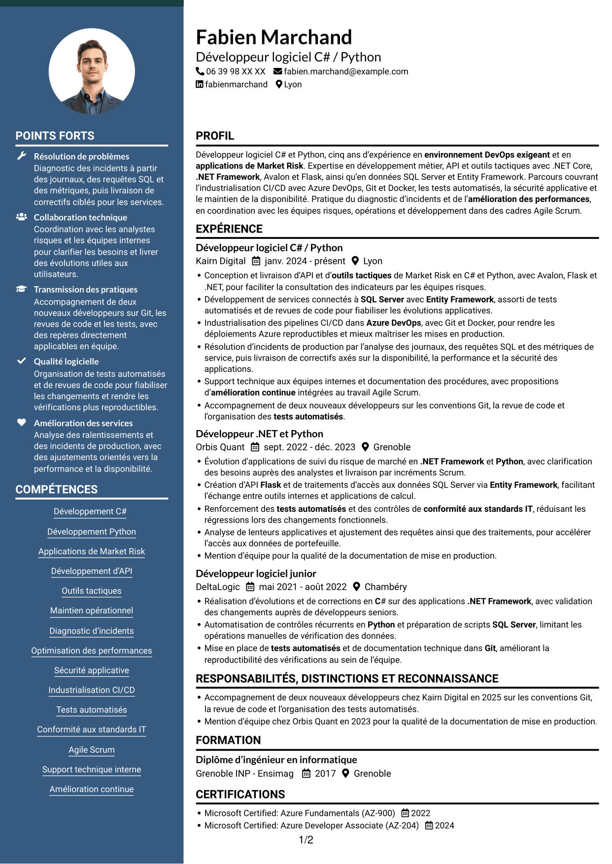 CV Élégant (format à colonne latérale colorée avec photo) : Développeur C# / Python - Market Risk, page 1