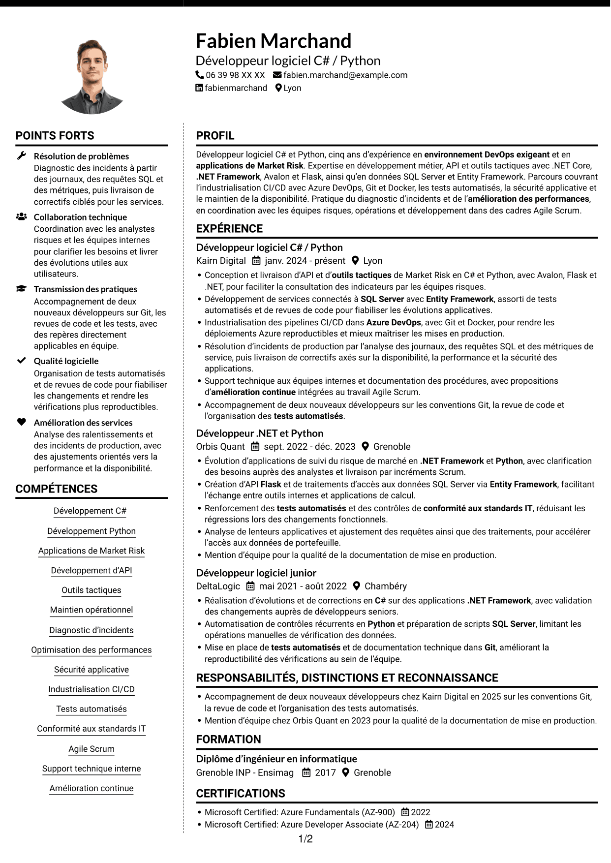 CV Moderne (format à deux colonnes avec photo à gauche et séparateur) : Développeur C# / Python - Market Risk, page 1
