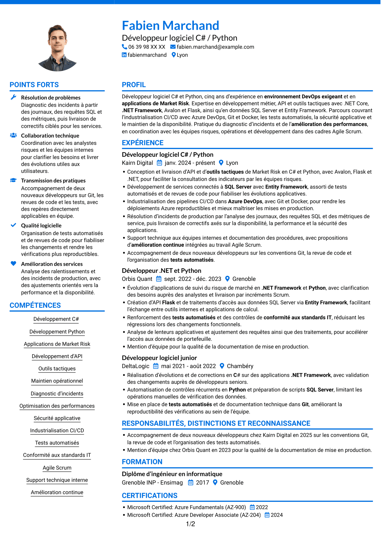 CV Audacieux (format à deux colonnes avec accents colorés et photo) : Développeur C# / Python - Market Risk, page 1