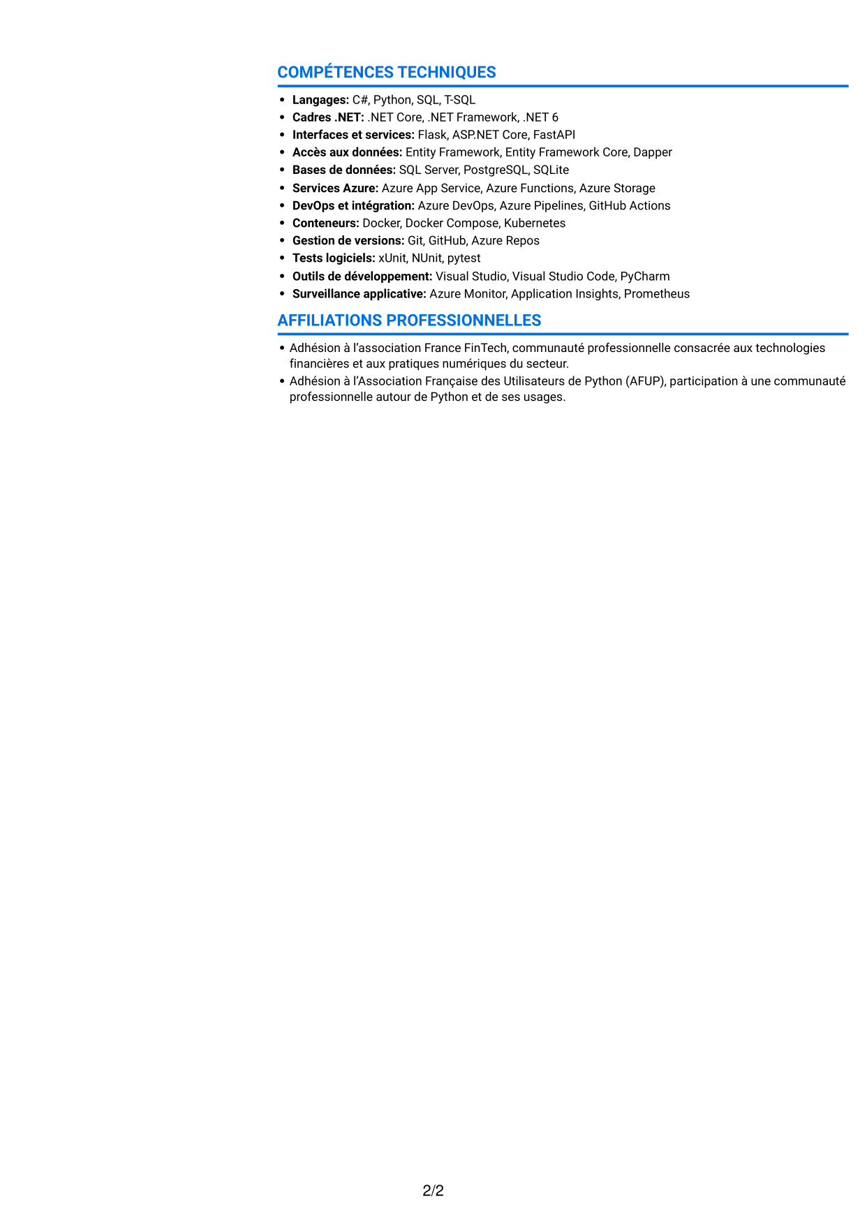 CV Audacieux (format à deux colonnes avec accents colorés et photo) : Développeur C# / Python - Market Risk, page 2