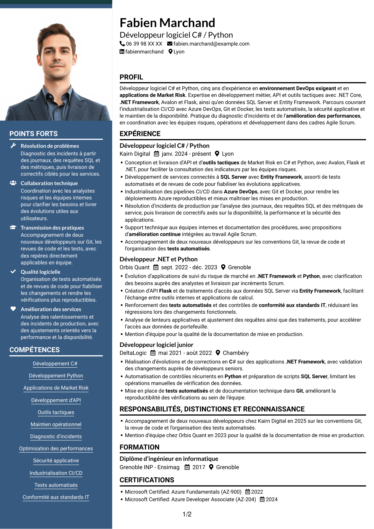 CV Signature (format à colonne latérale colorée avec grande photo) : Développeur C# / Python - Market Risk, page 1