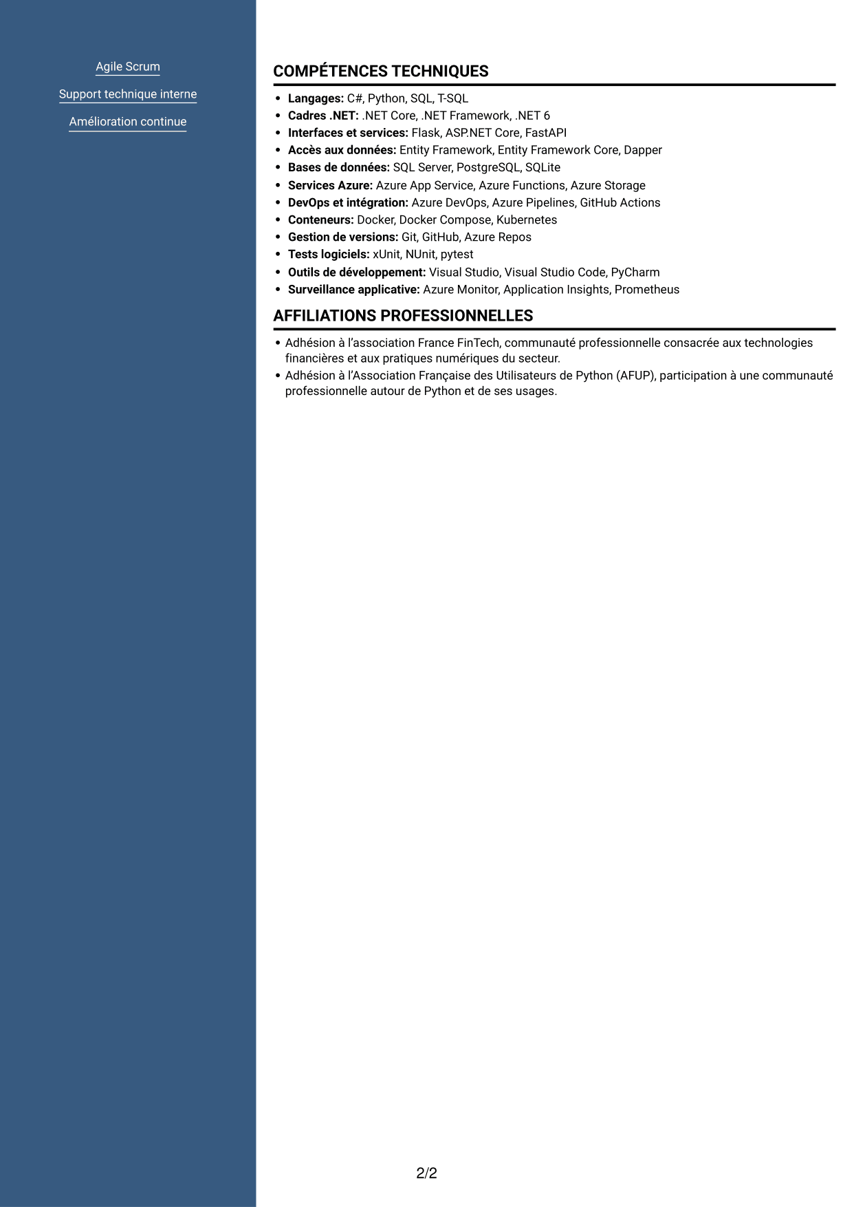 CV Signature (format à colonne latérale colorée avec grande photo) : Développeur C# / Python - Market Risk, page 2