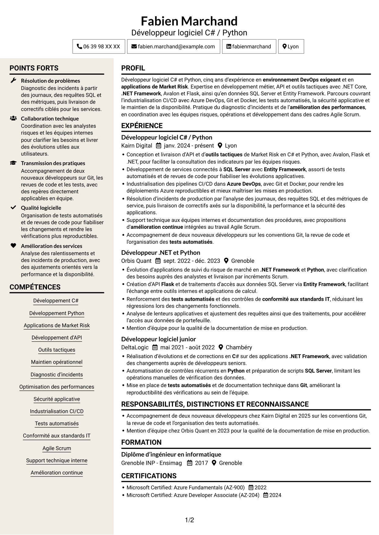 CV Fonceur (format à deux colonnes avec en-tête centré sans photo) : Développeur C# / Python - Market Risk, page 1