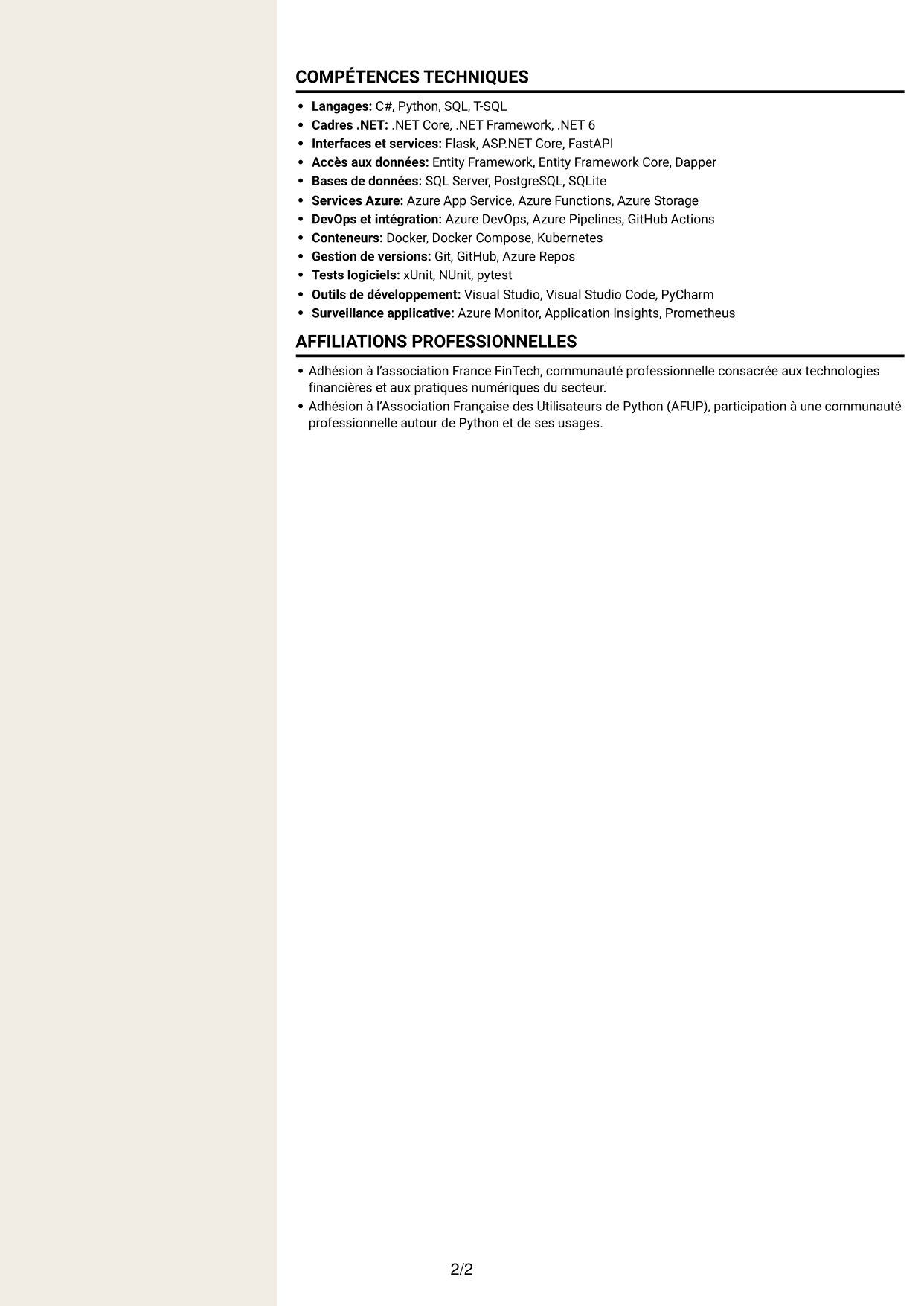 CV Fonceur (format à deux colonnes avec en-tête centré sans photo) : Développeur C# / Python - Market Risk, page 2