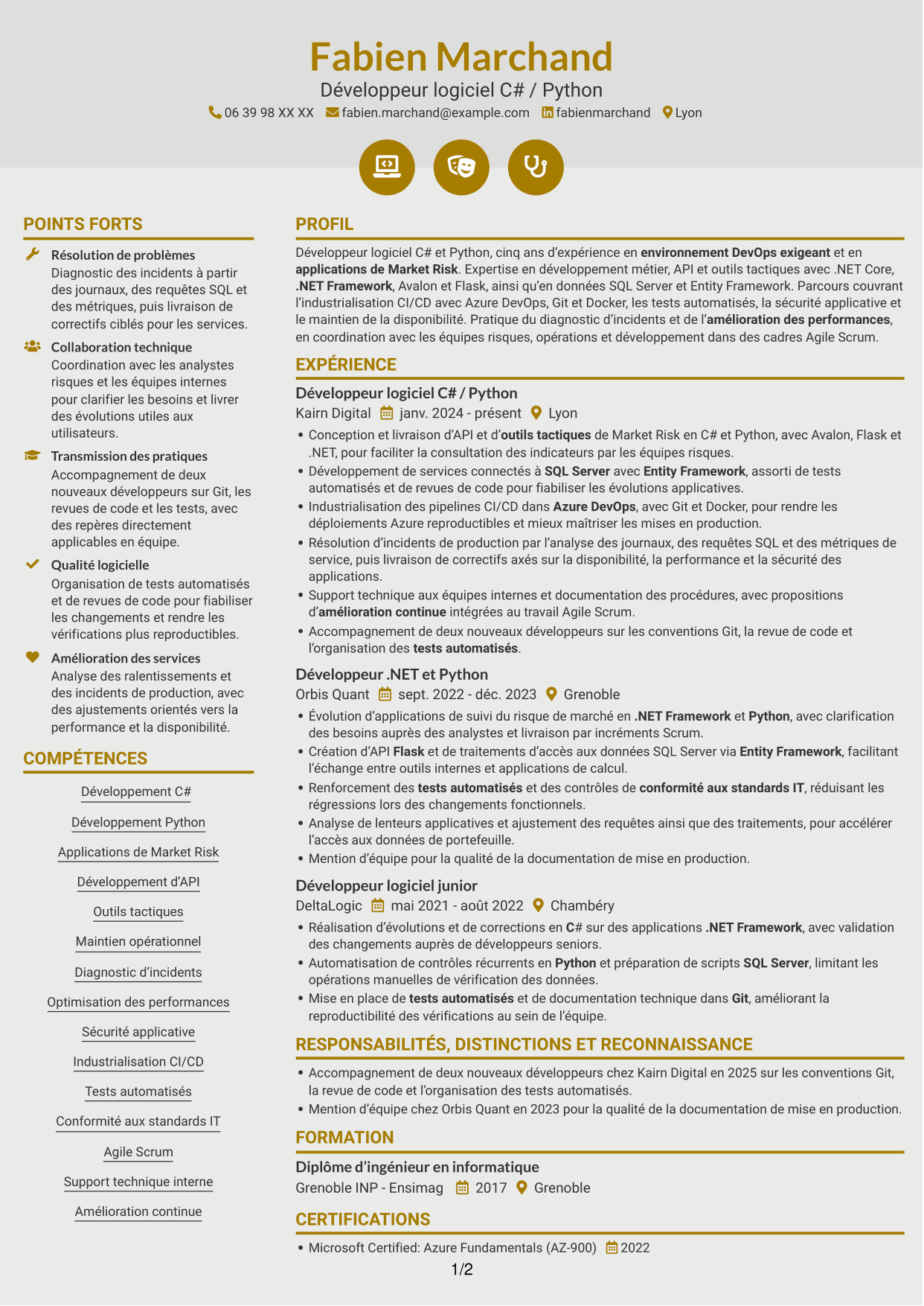 CV Dynamique (format à deux colonnes avec icônes) : Développeur C# / Python - Market Risk, page 1