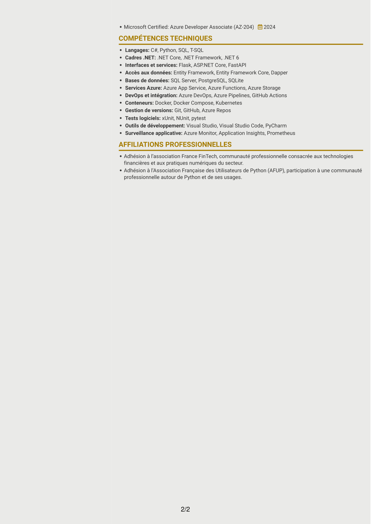 CV Dynamique (format à deux colonnes avec icônes) : Développeur C# / Python - Market Risk, page 2