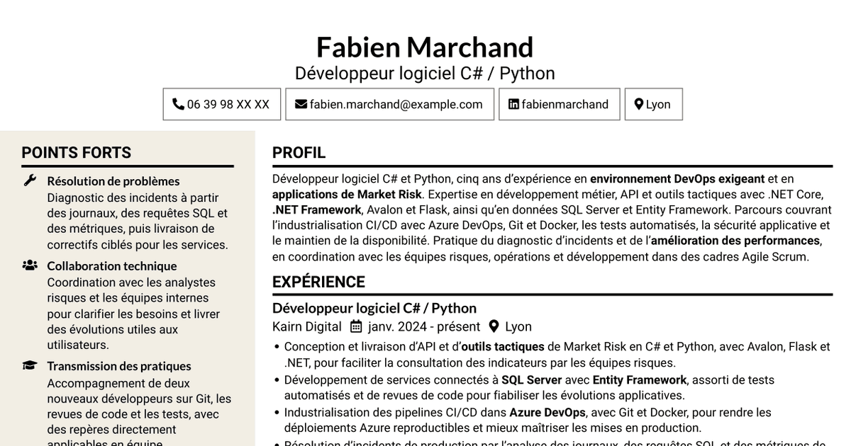 7 modèles de CV pour Développeur C# / Python - Market Risk, avec exemples