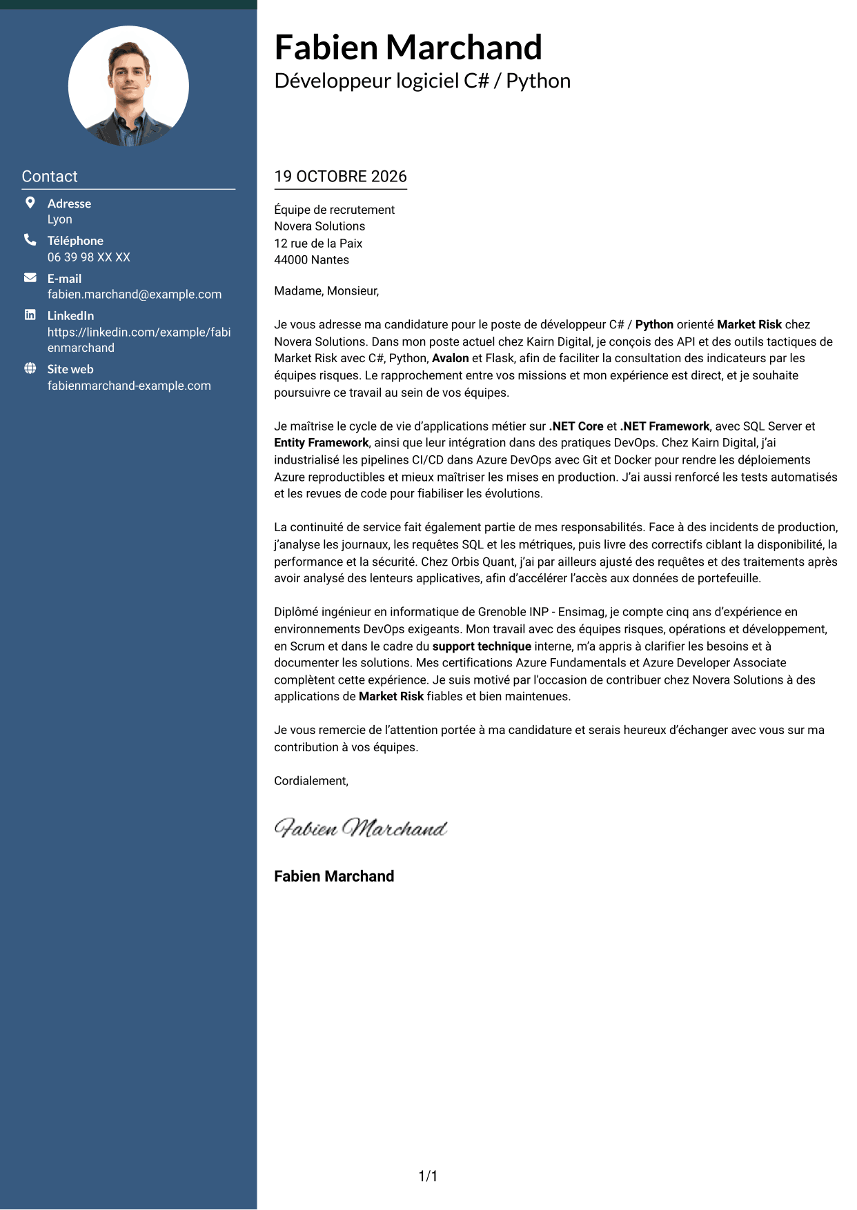 Lettre de motivation Élégant (format à colonne latérale colorée avec photo) : Développeur C# / Python - Market Risk, page 1