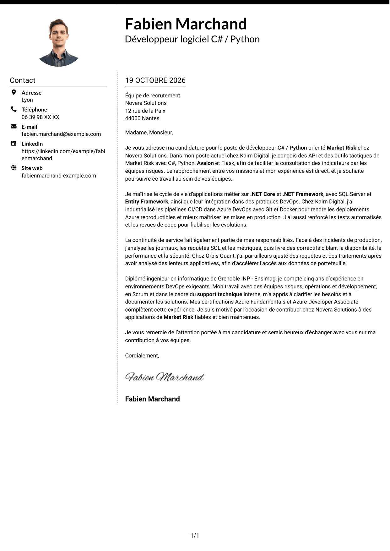 Lettre de motivation Moderne (format à deux colonnes avec photo à gauche et séparateur) : Développeur C# / Python - Market Risk, page 1