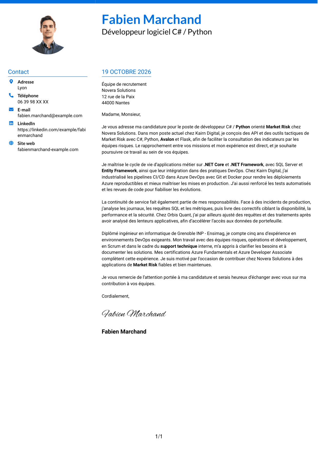 Lettre de motivation Audacieux (format à deux colonnes avec accents colorés et photo) : Développeur C# / Python - Market Risk, page 1