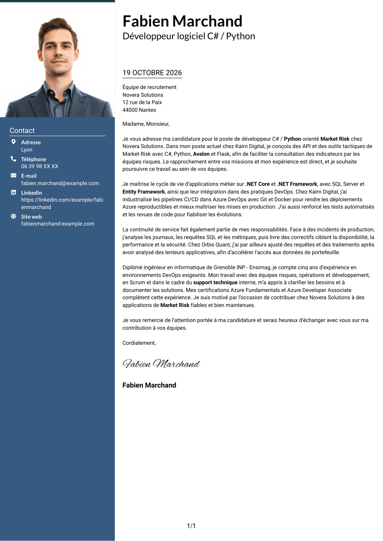 Lettre de motivation Signature (format à colonne latérale colorée avec grande photo) : Développeur C# / Python - Market Risk, page 1