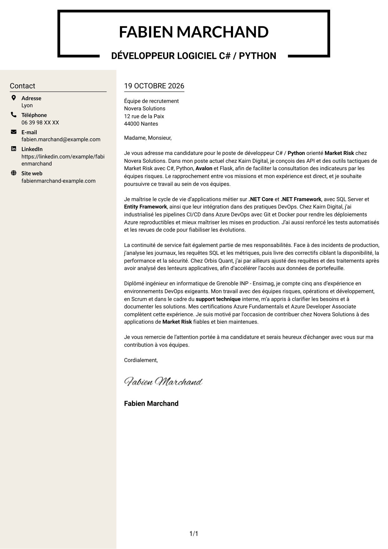 Lettre de motivation Fonceur (format à deux colonnes avec en-tête centré sans photo) : Développeur C# / Python - Market Risk, page 1