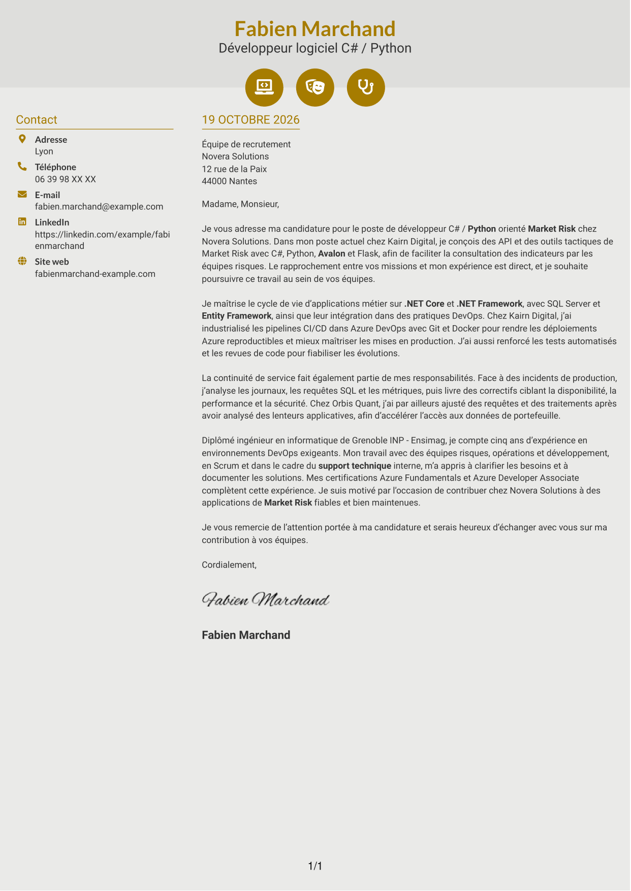 Lettre de motivation Dynamique (format à deux colonnes avec icônes) : Développeur C# / Python - Market Risk, page 1