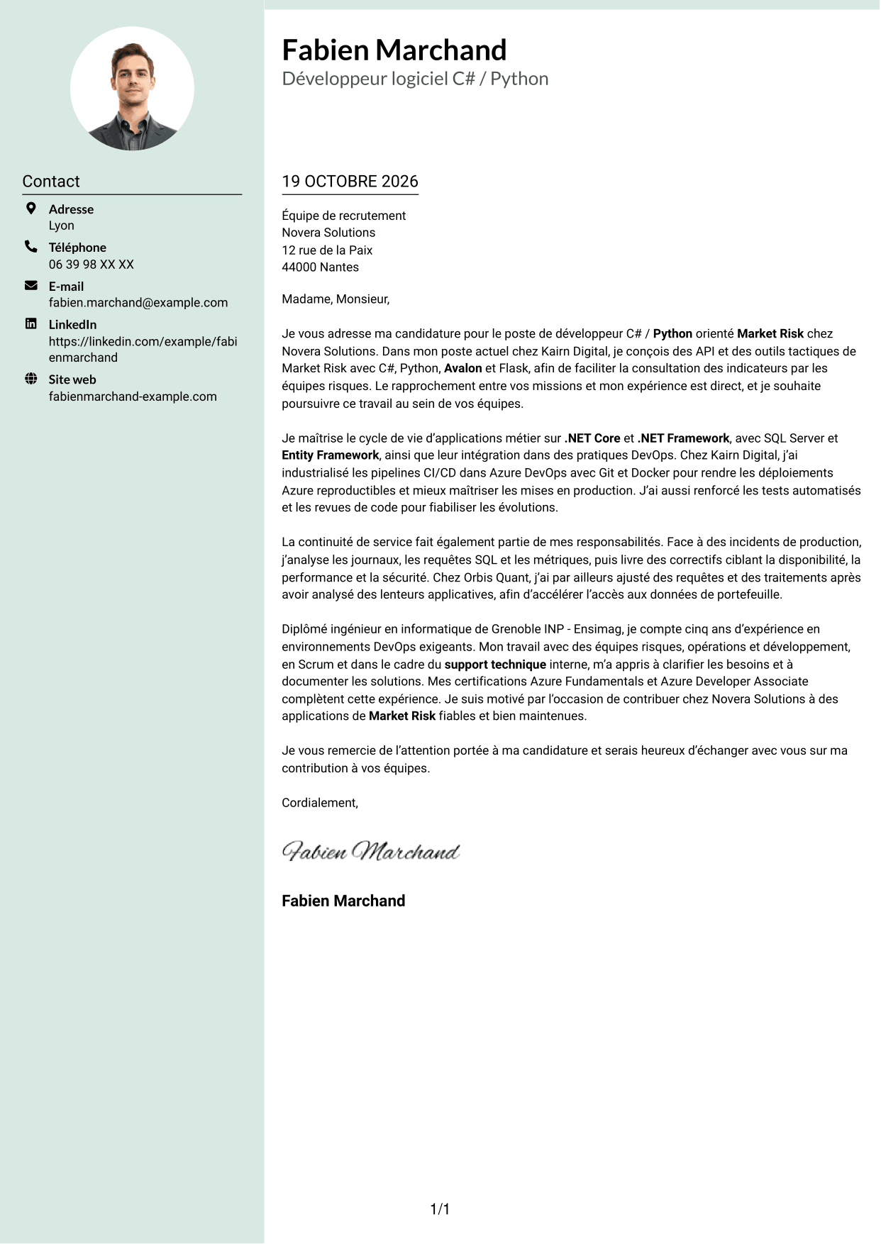 Lettre de motivation Cadre (format à colonne latérale douce avec photo arrondie) : Développeur C# / Python - Market Risk, page 1