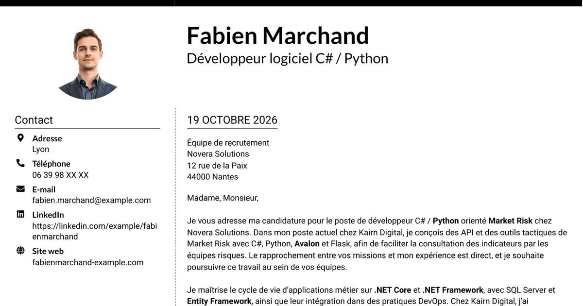 7 modèles de lettre de motivation pour Développeur C# / Python - Market Risk, avec exemples