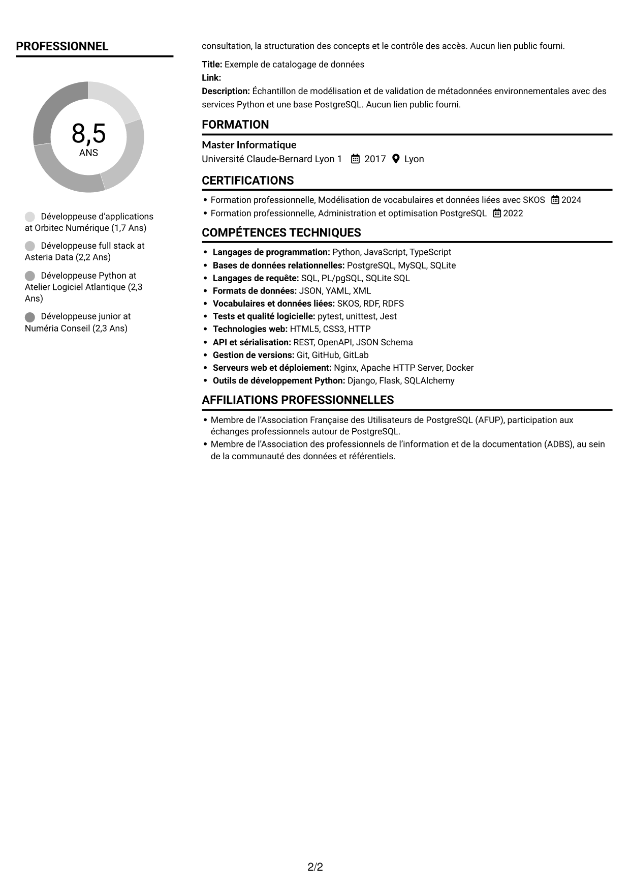 CV Compact (format sobre à deux colonnes avec photo) : Développeur d’applications - Portail de données d’exoplanètes, page 2