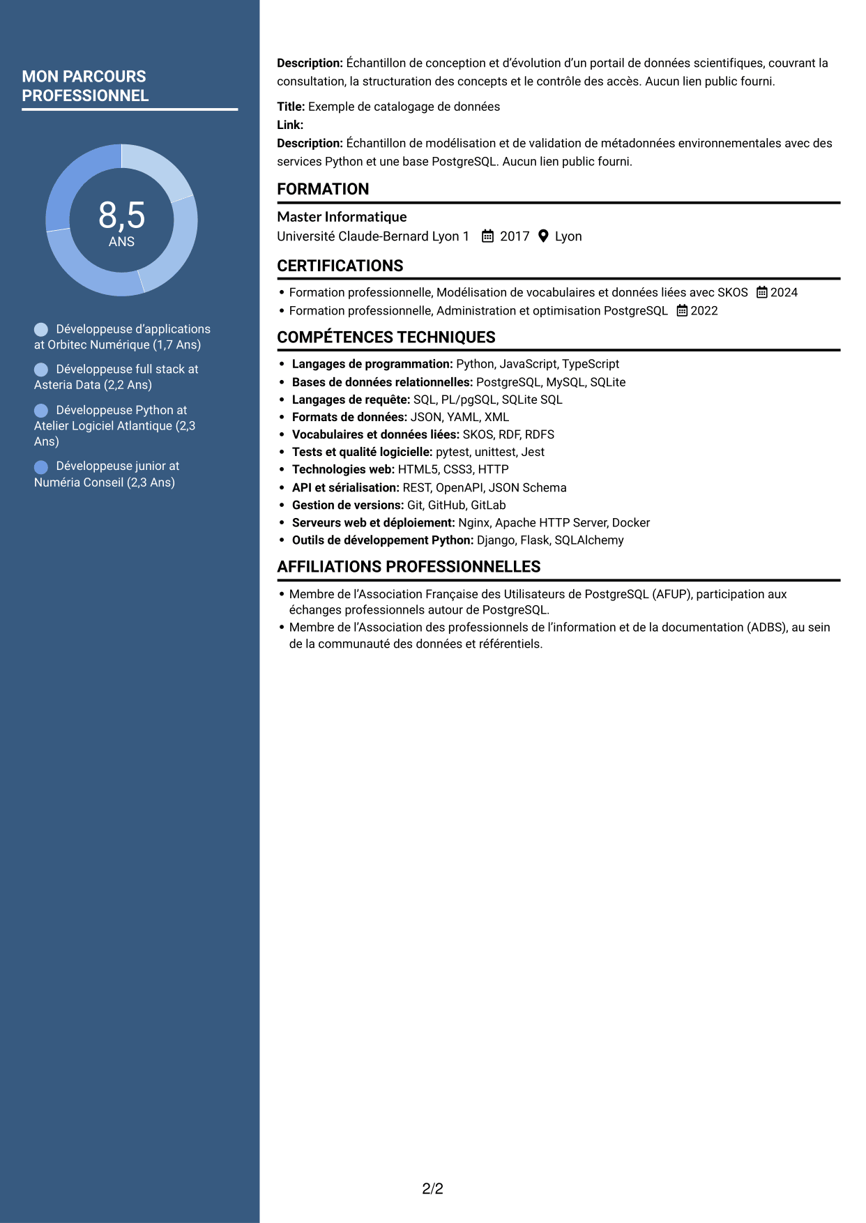 CV Élégant (format à colonne latérale colorée avec photo) : Développeur d’applications - Portail de données d’exoplanètes, page 2