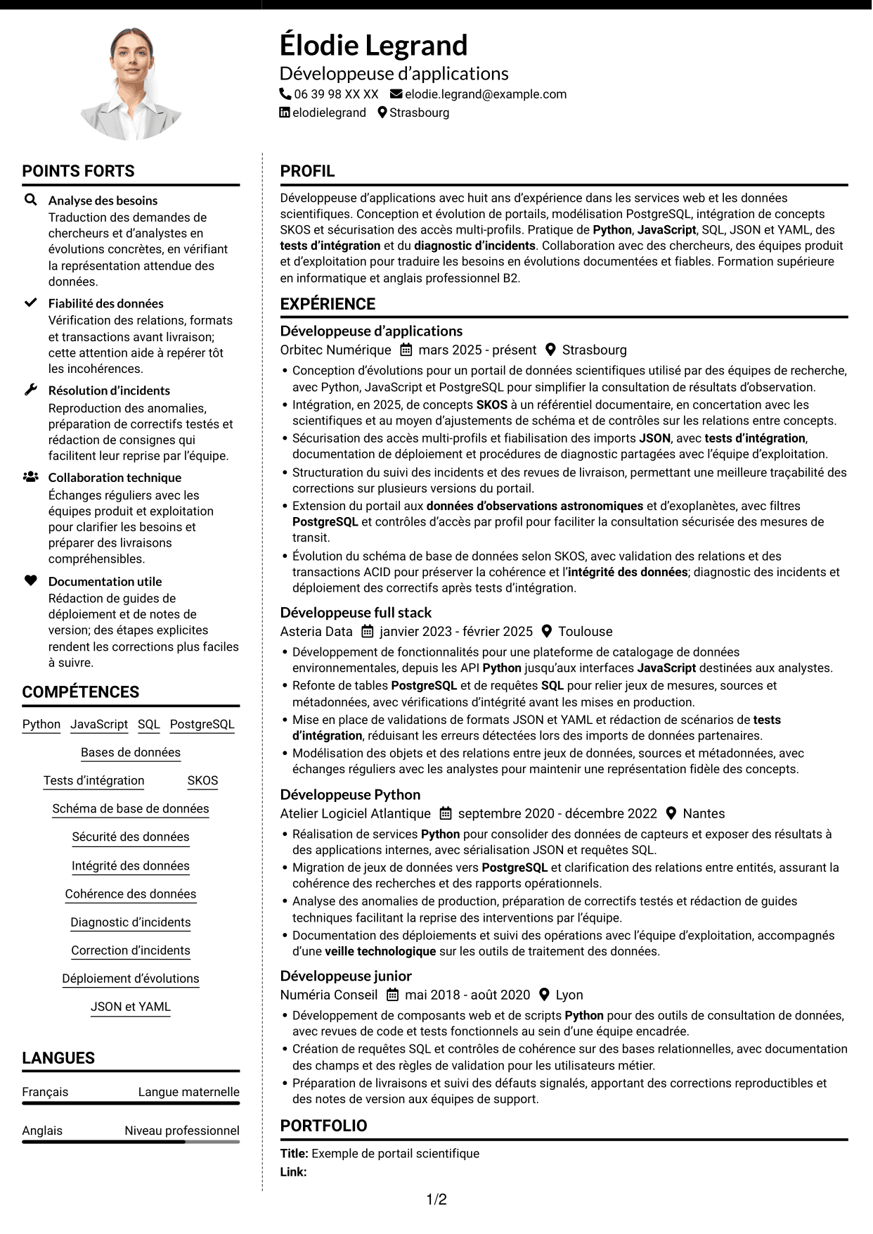 CV Moderne (format à deux colonnes avec photo à gauche et séparateur) : Développeur d’applications - Portail de données d’exoplanètes, page 1