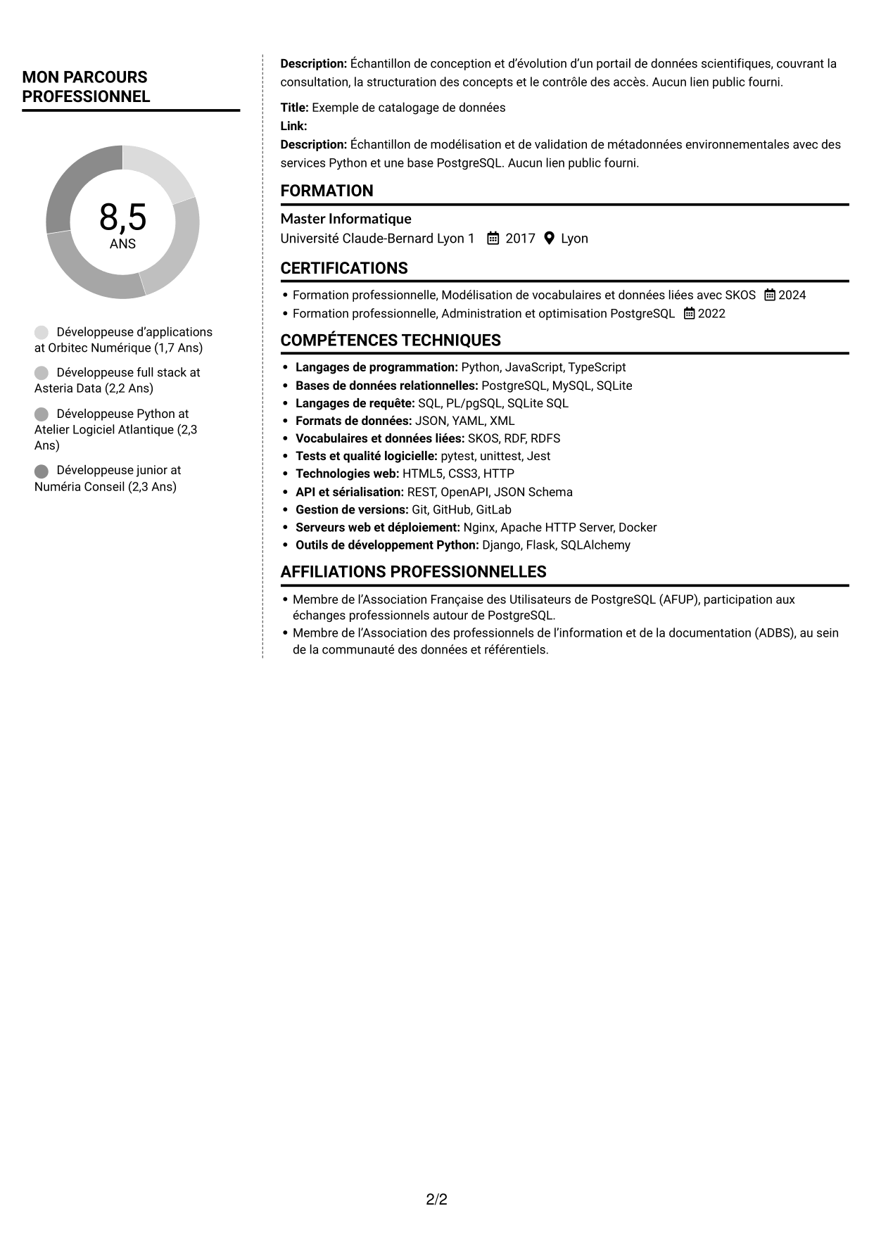 CV Moderne (format à deux colonnes avec photo à gauche et séparateur) : Développeur d’applications - Portail de données d’exoplanètes, page 2
