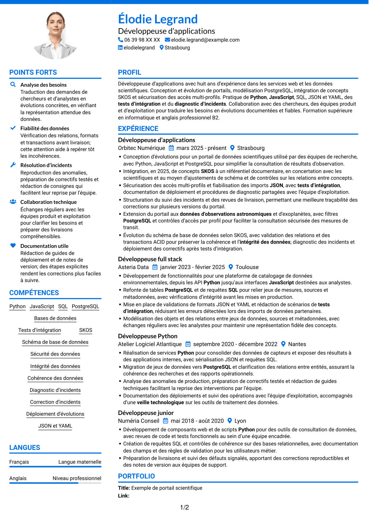 CV Audacieux (format à deux colonnes avec accents colorés et photo) : Développeur d’applications - Portail de données d’exoplanètes, page 1