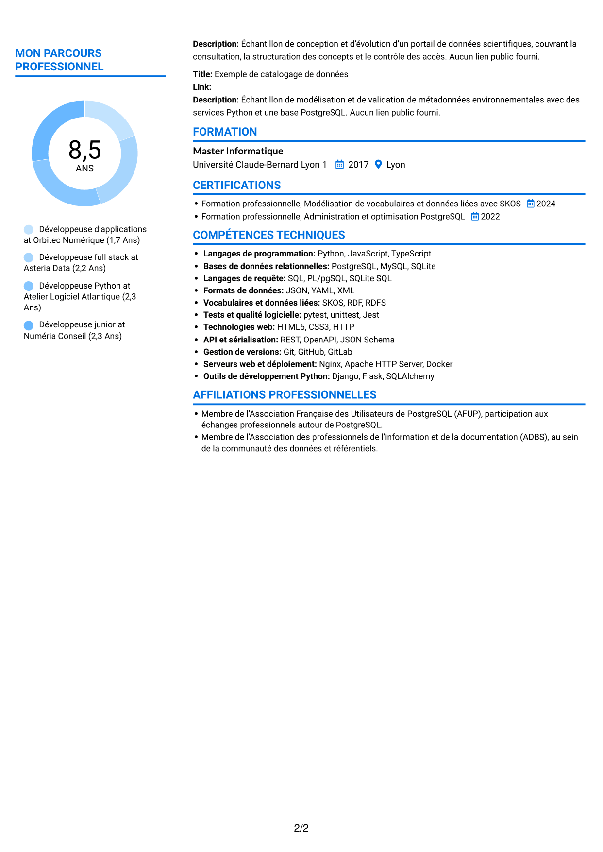 CV Audacieux (format à deux colonnes avec accents colorés et photo) : Développeur d’applications - Portail de données d’exoplanètes, page 2