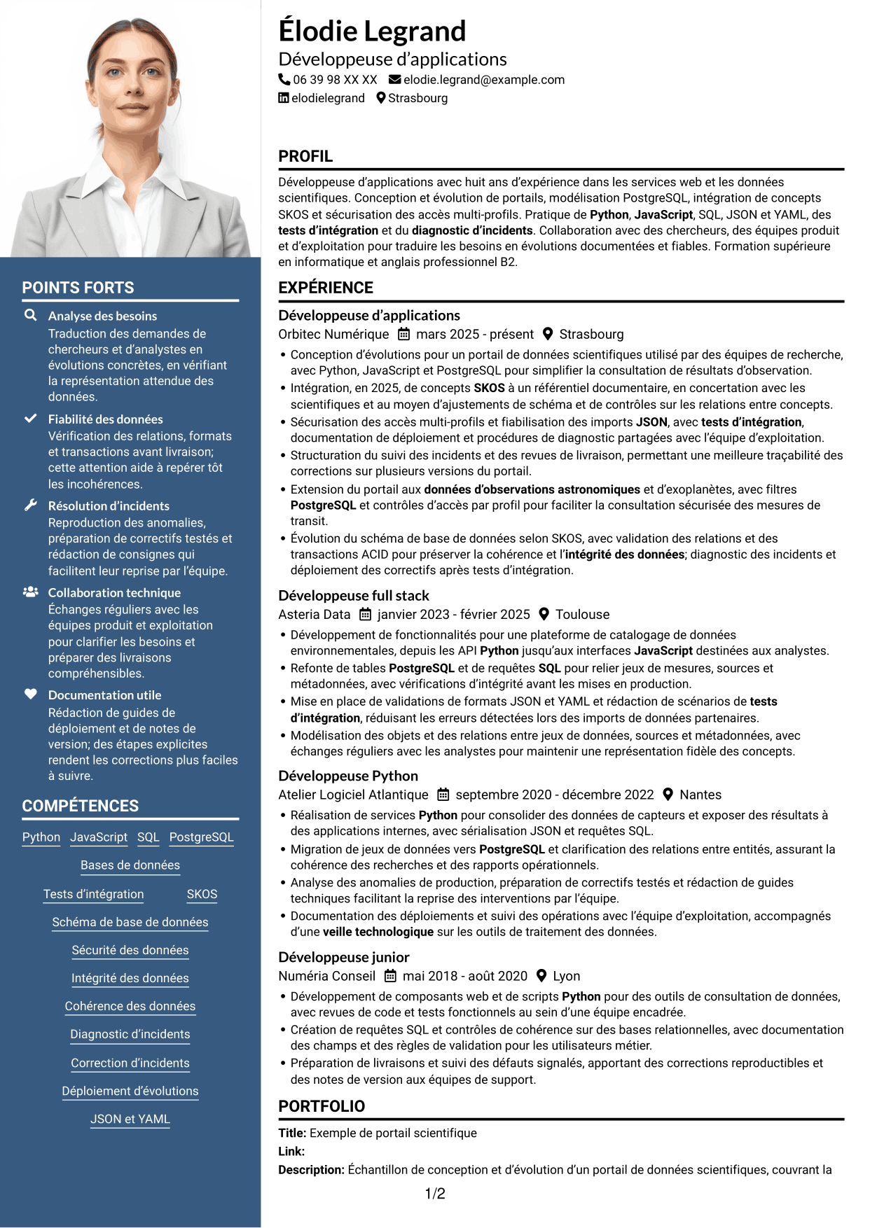 CV Signature (format à colonne latérale colorée avec grande photo) : Développeur d’applications - Portail de données d’exoplanètes, page 1