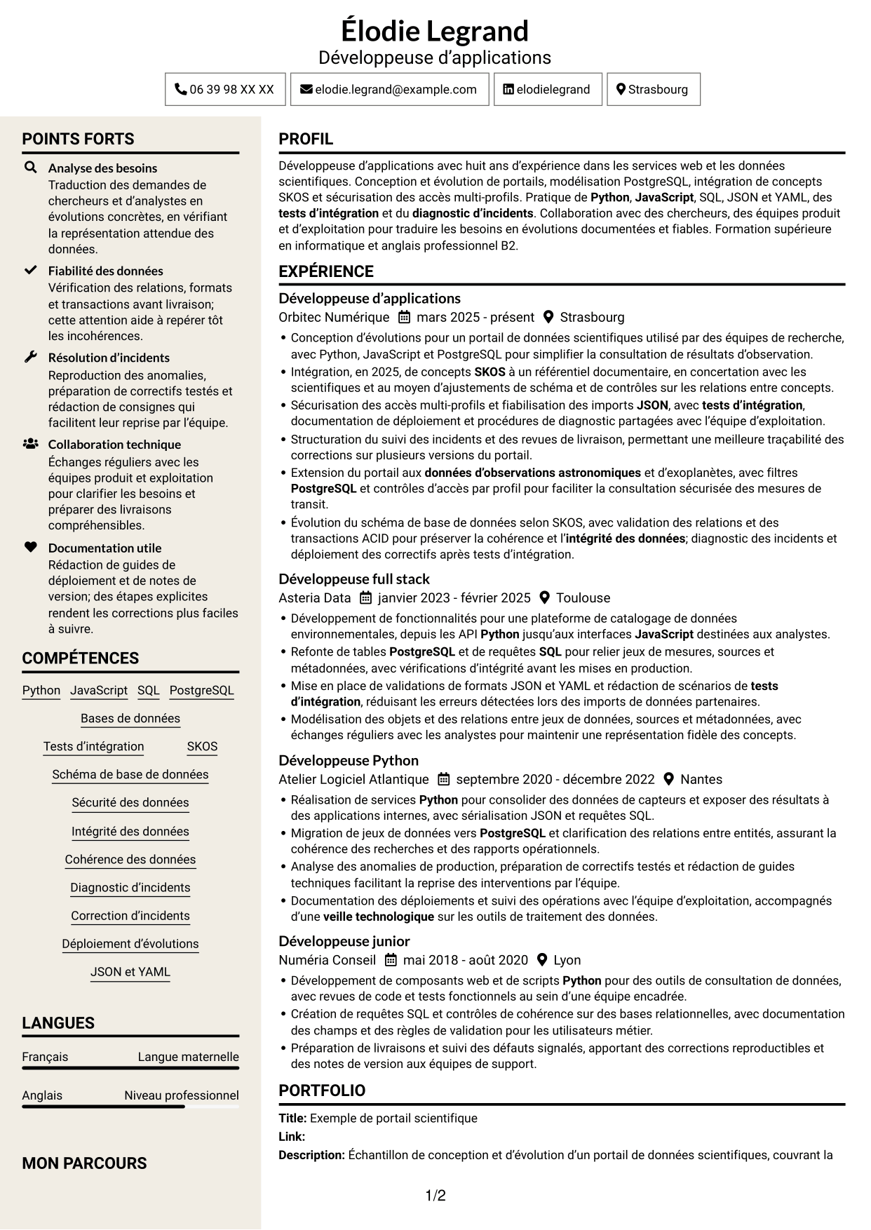 CV Fonceur (format à deux colonnes avec en-tête centré sans photo) : Développeur d’applications - Portail de données d’exoplanètes, page 1
