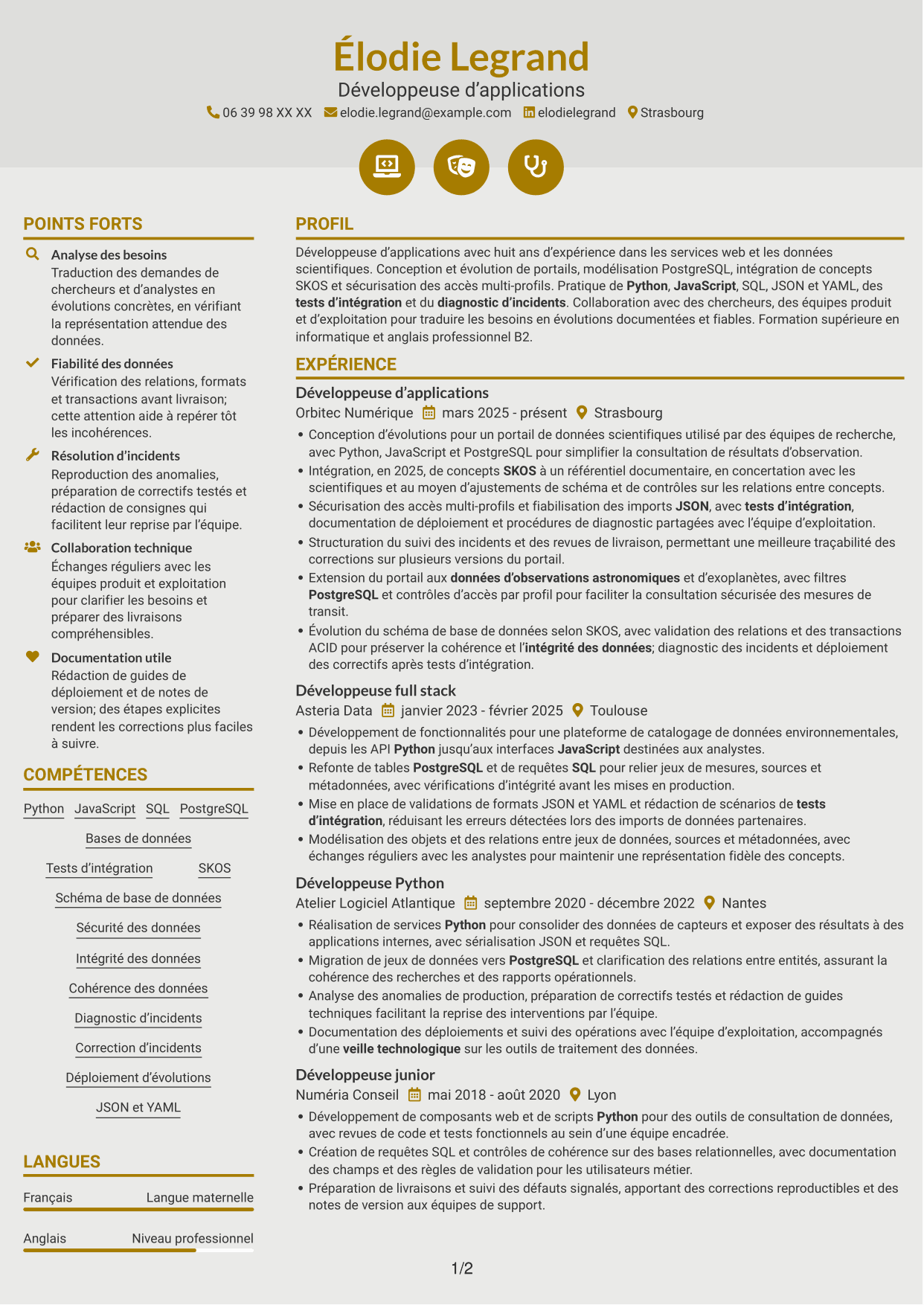 CV Dynamique (format à deux colonnes avec icônes) : Développeur d’applications - Portail de données d’exoplanètes, page 1