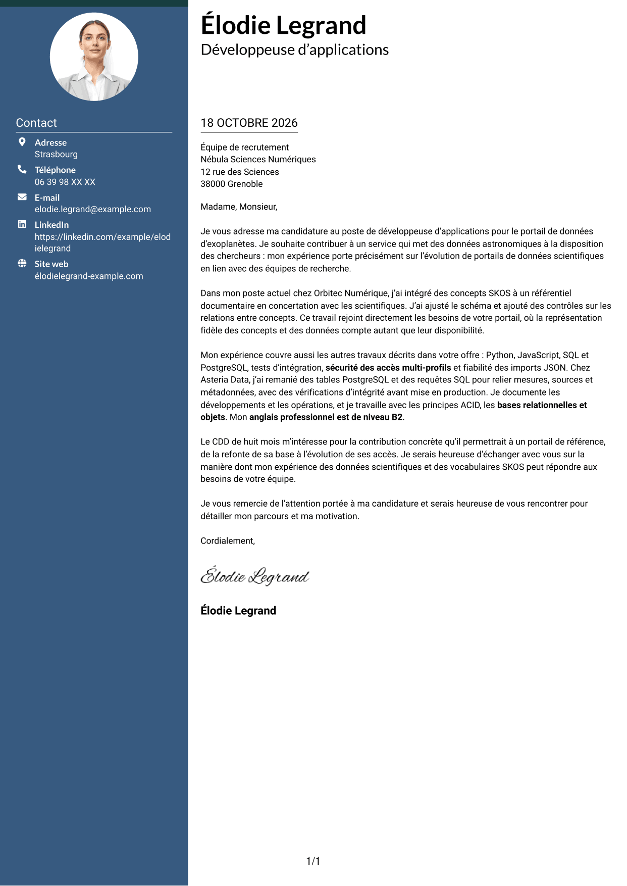 Lettre de motivation Élégant (format à colonne latérale colorée avec photo) : Développeur d’applications - Portail de données d’exoplanètes, page 1
