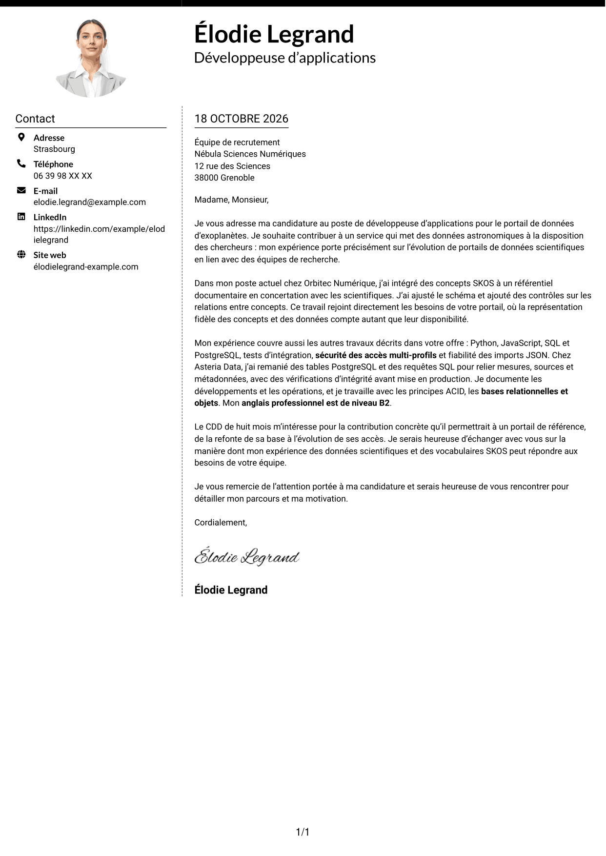 Lettre de motivation Moderne (format à deux colonnes avec photo à gauche et séparateur) : Développeur d’applications - Portail de données d’exoplanètes, page 1