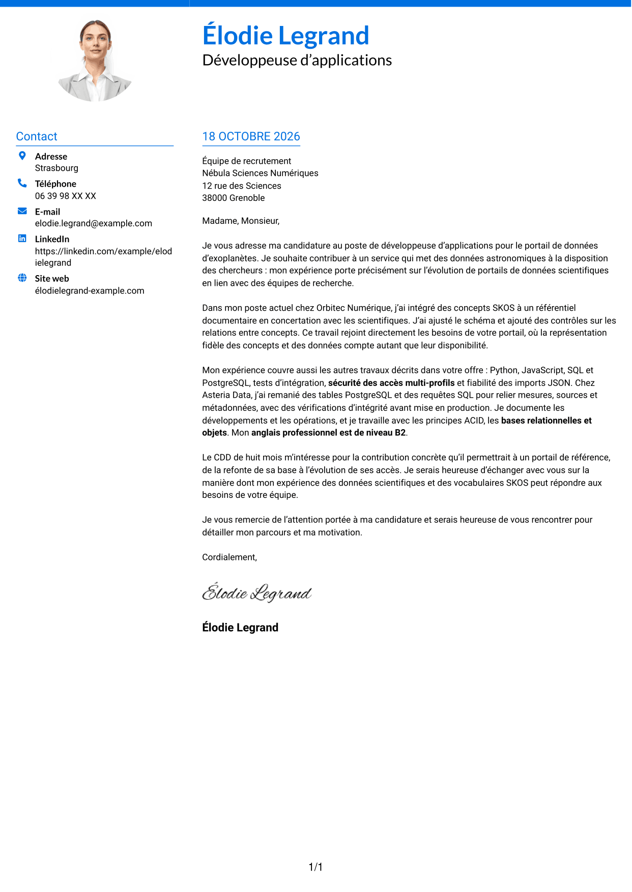 Lettre de motivation Audacieux (format à deux colonnes avec accents colorés et photo) : Développeur d’applications - Portail de données d’exoplanètes, page 1