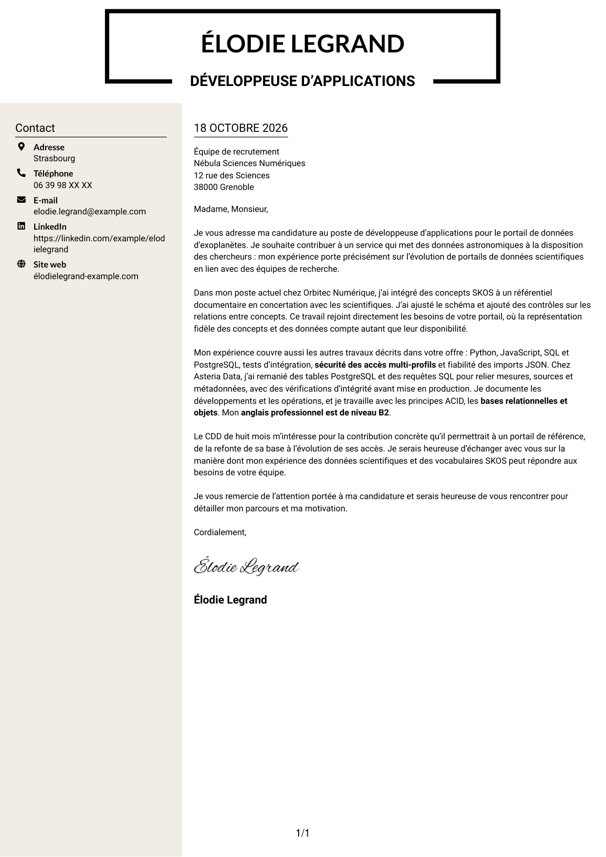 Lettre de motivation Fonceur (format à deux colonnes avec en-tête centré sans photo) : Développeur d’applications - Portail de données d’exoplanètes, page 1