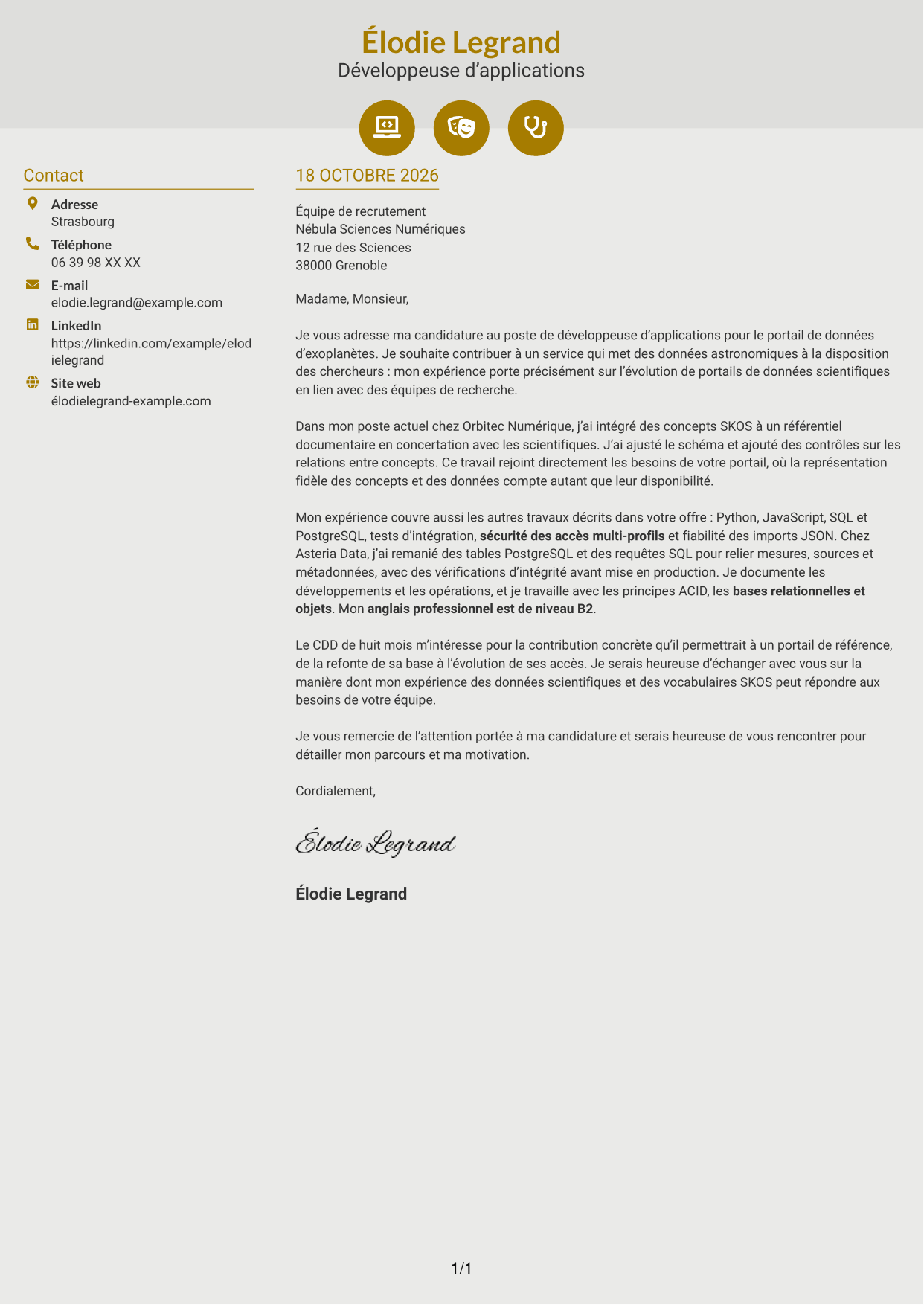 Lettre de motivation Dynamique (format à deux colonnes avec icônes) : Développeur d’applications - Portail de données d’exoplanètes, page 1