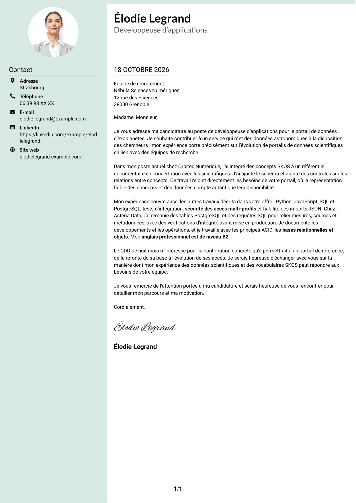 Lettre de motivation Cadre (format à colonne latérale douce avec photo arrondie) : Développeur d’applications - Portail de données d’exoplanètes, page 1