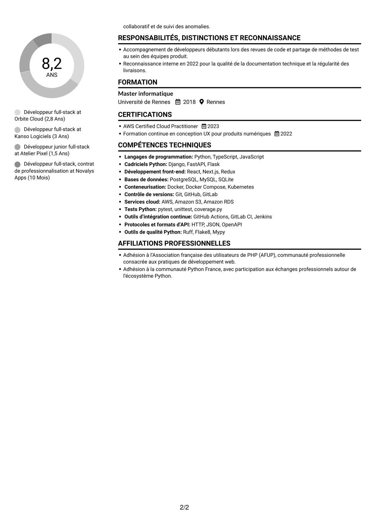 CV Compact (format sobre à deux colonnes avec photo) : Développeur full-stack Python - React, page 2