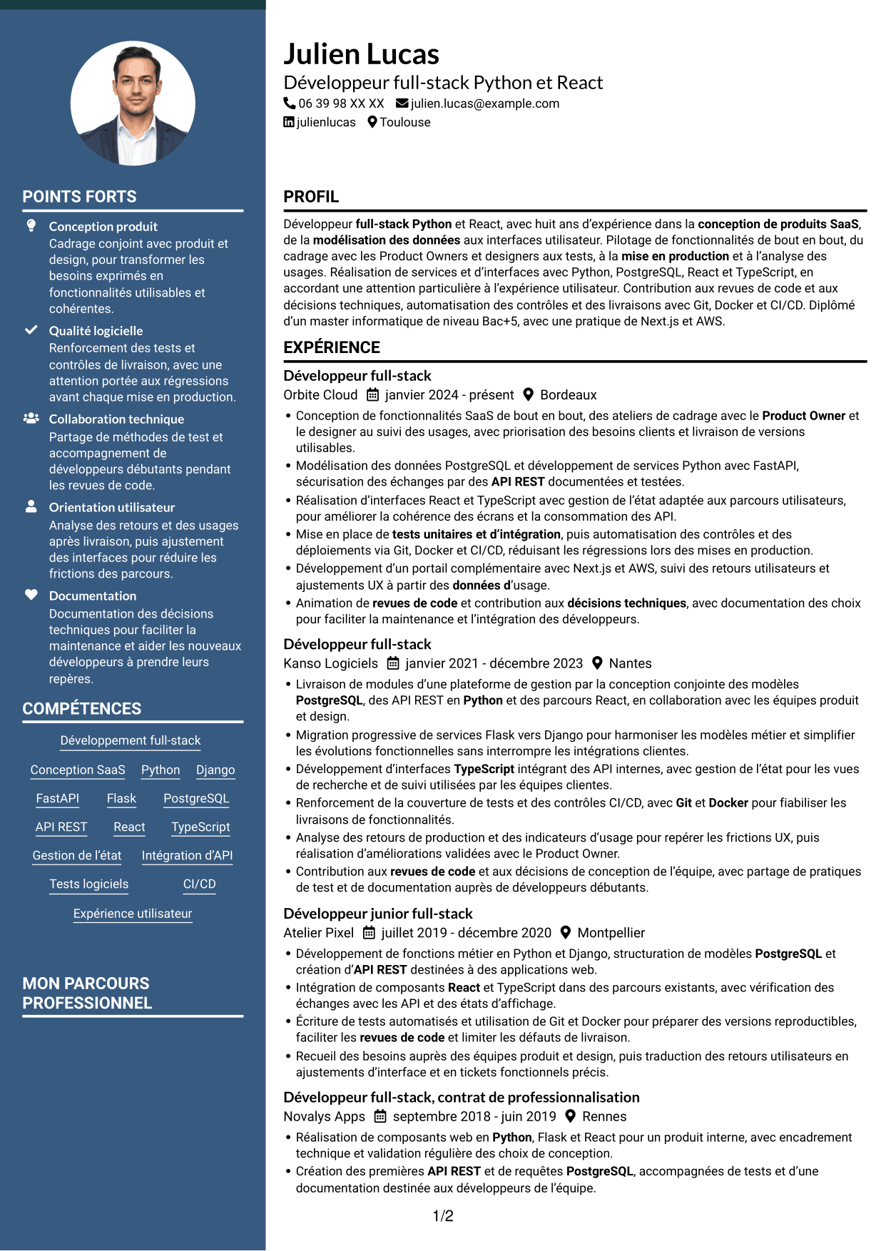 CV Élégant (format à colonne latérale colorée avec photo) : Développeur full-stack Python - React, page 1