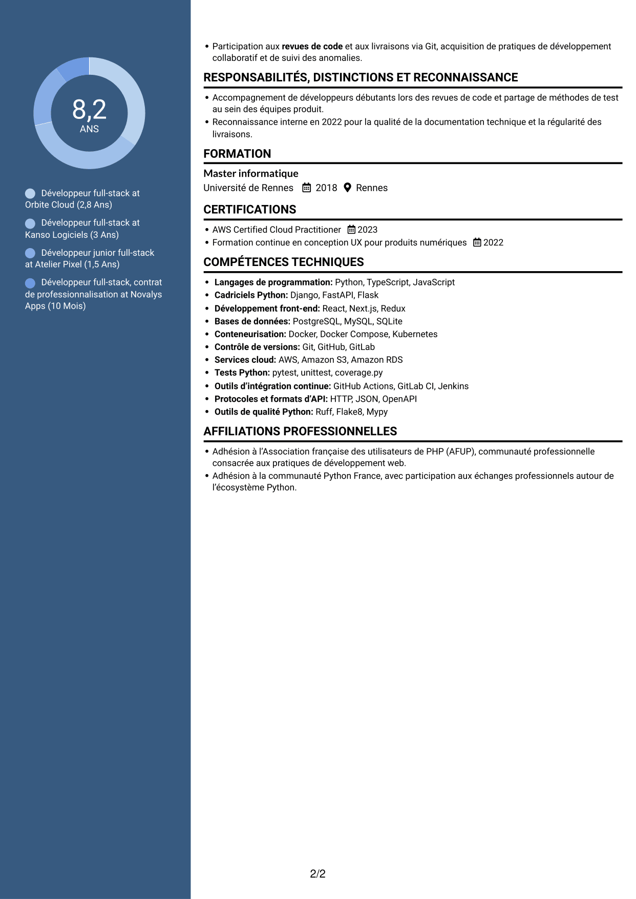 CV Élégant (format à colonne latérale colorée avec photo) : Développeur full-stack Python - React, page 2
