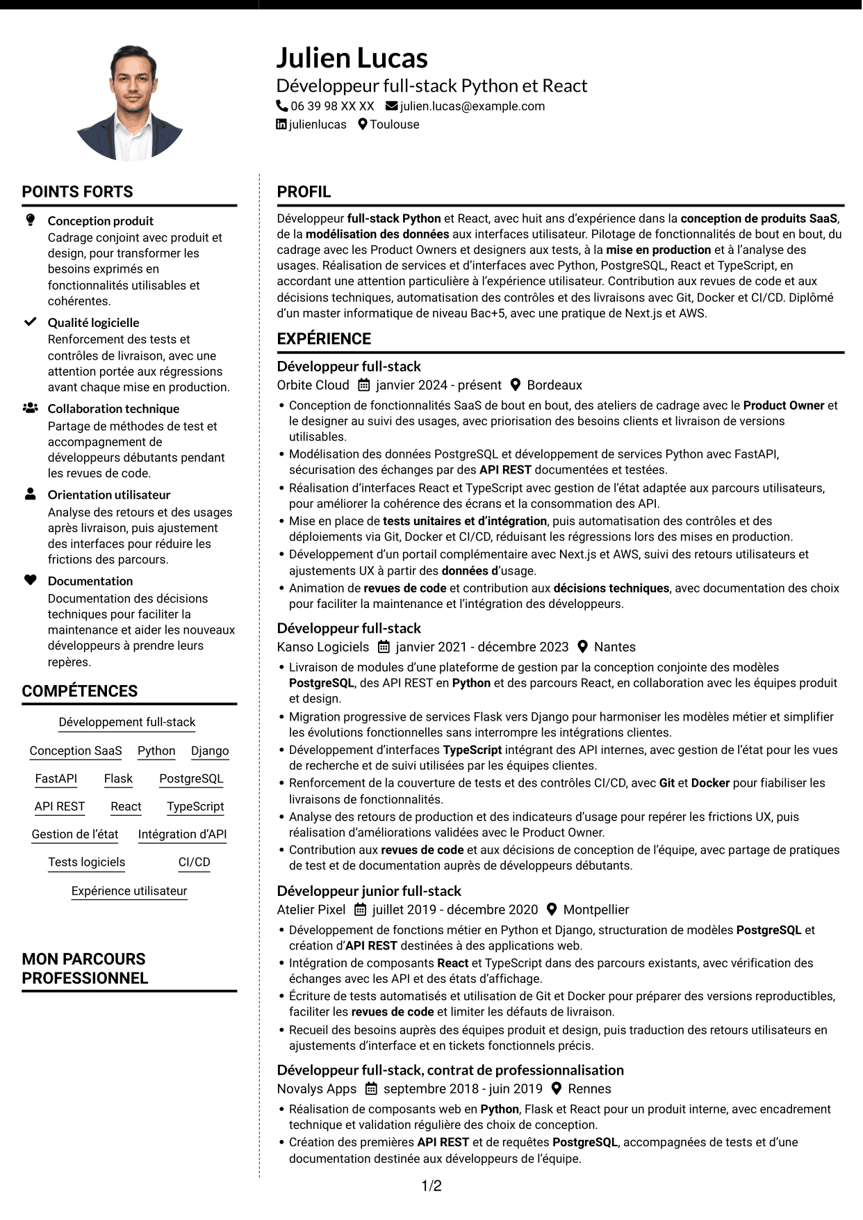 CV Moderne (format à deux colonnes avec photo à gauche et séparateur) : Développeur full-stack Python - React, page 1