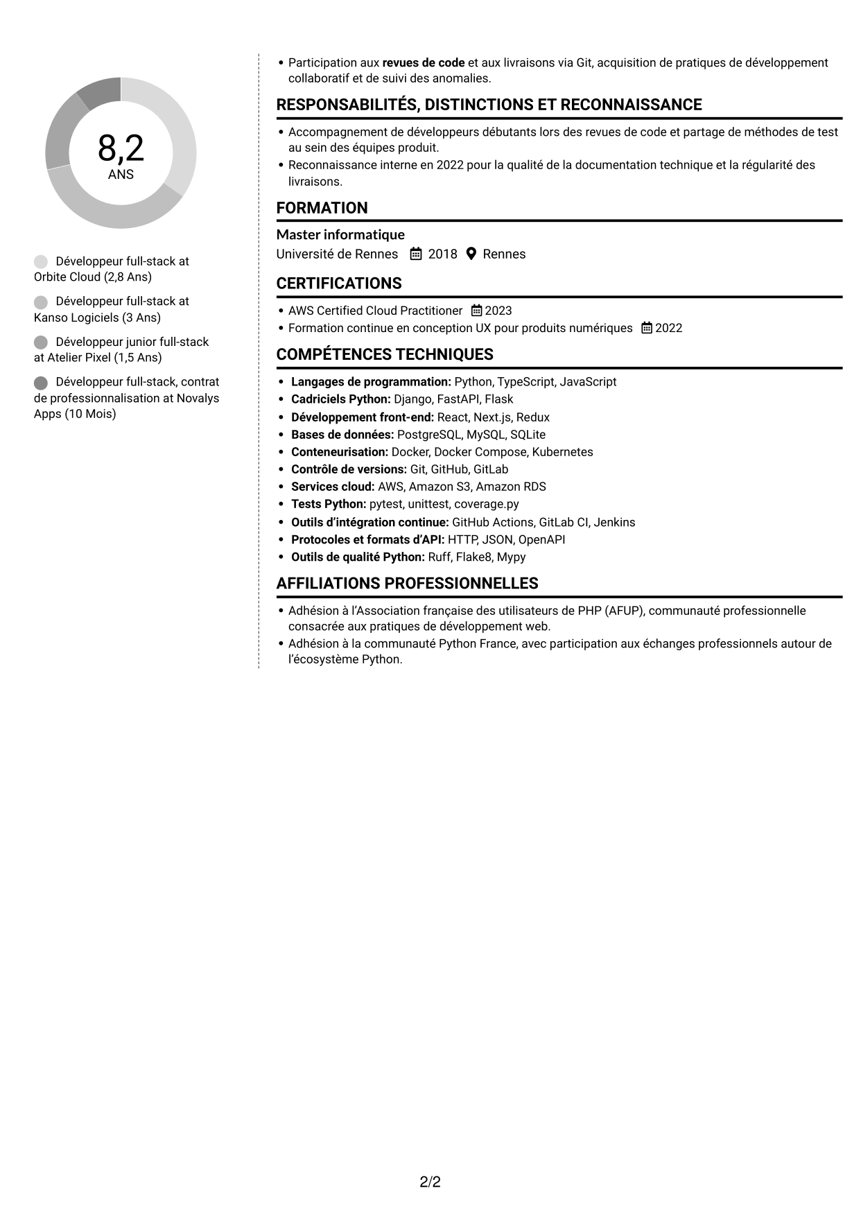 CV Moderne (format à deux colonnes avec photo à gauche et séparateur) : Développeur full-stack Python - React, page 2