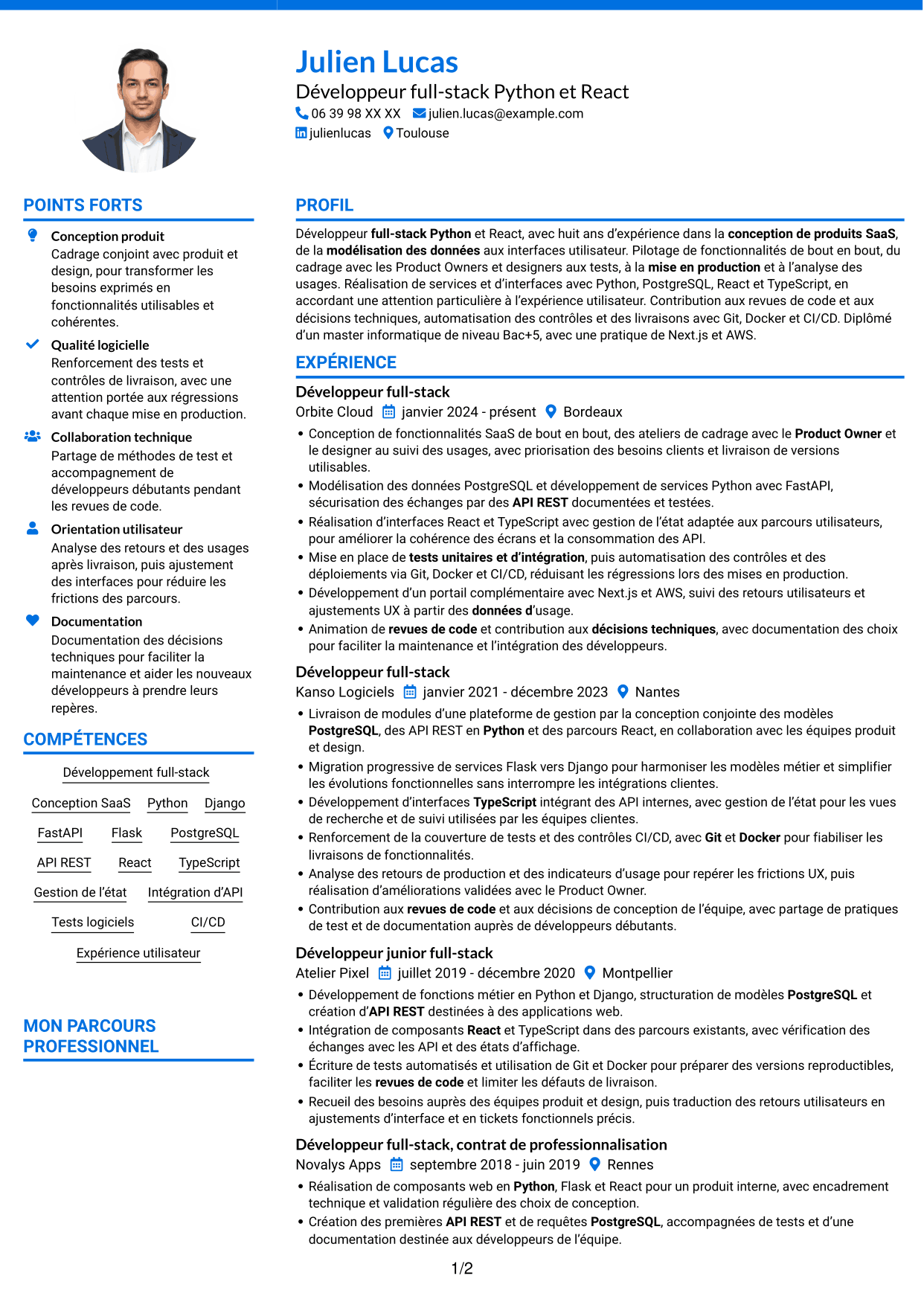 CV Audacieux (format à deux colonnes avec accents colorés et photo) : Développeur full-stack Python - React, page 1