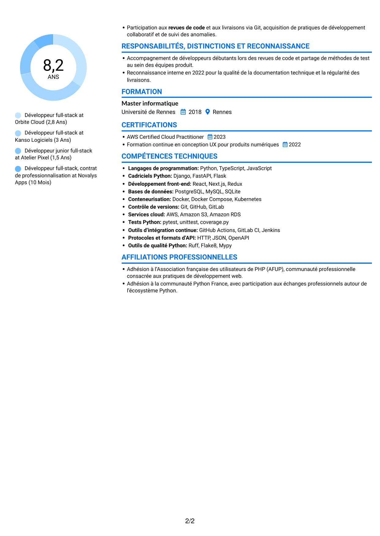 CV Audacieux (format à deux colonnes avec accents colorés et photo) : Développeur full-stack Python - React, page 2