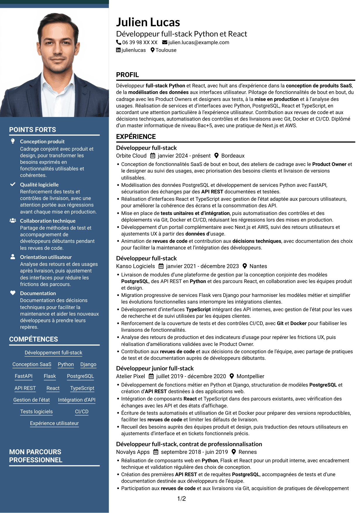 CV Signature (format à colonne latérale colorée avec grande photo) : Développeur full-stack Python - React, page 1