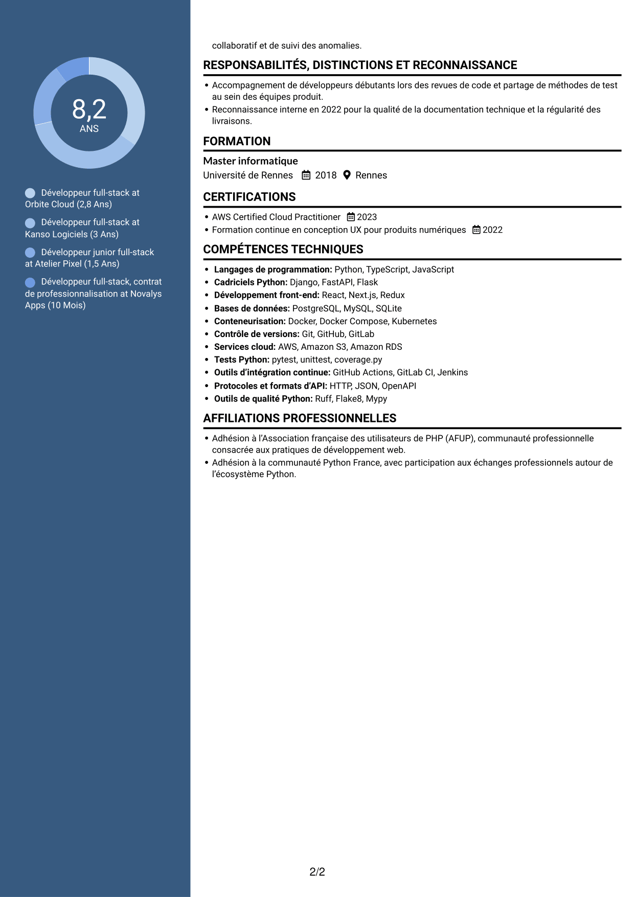 CV Signature (format à colonne latérale colorée avec grande photo) : Développeur full-stack Python - React, page 2