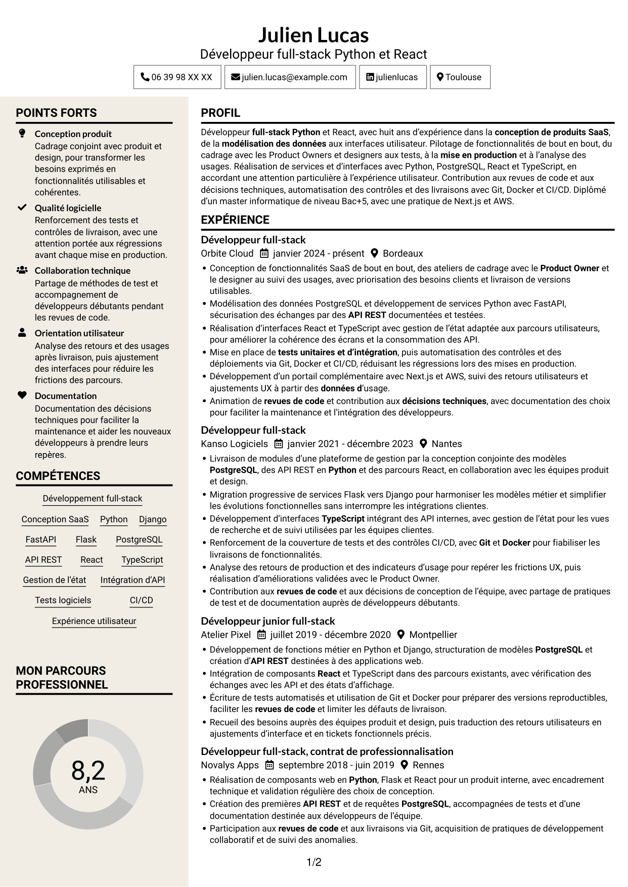 CV Fonceur (format à deux colonnes avec en-tête centré sans photo) : Développeur full-stack Python - React, page 1