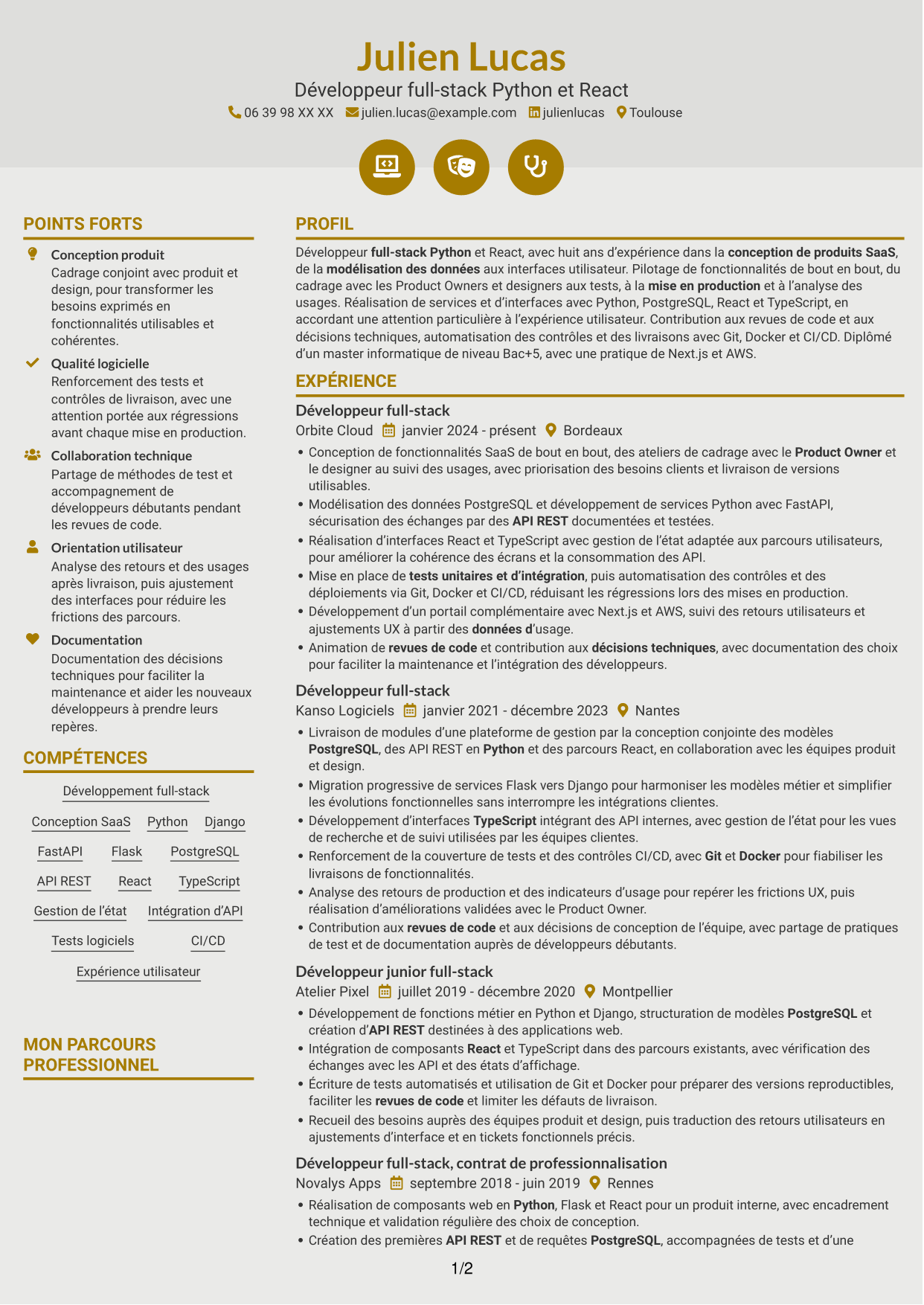 CV Dynamique (format à deux colonnes avec icônes) : Développeur full-stack Python - React, page 1