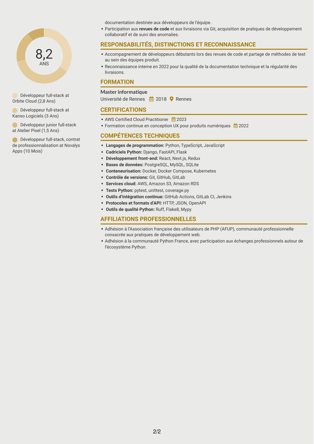 CV Dynamique (format à deux colonnes avec icônes) : Développeur full-stack Python - React, page 2