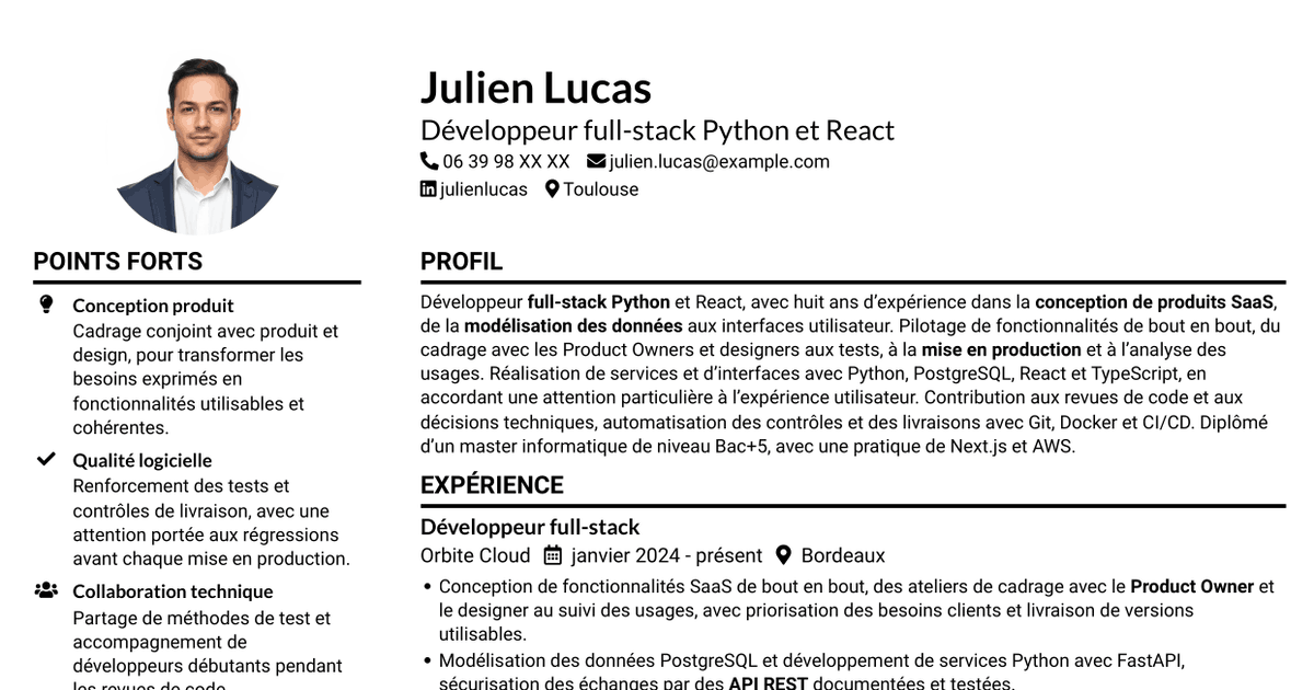 7 modèles de CV pour Développeur full-stack Python - React, avec exemples