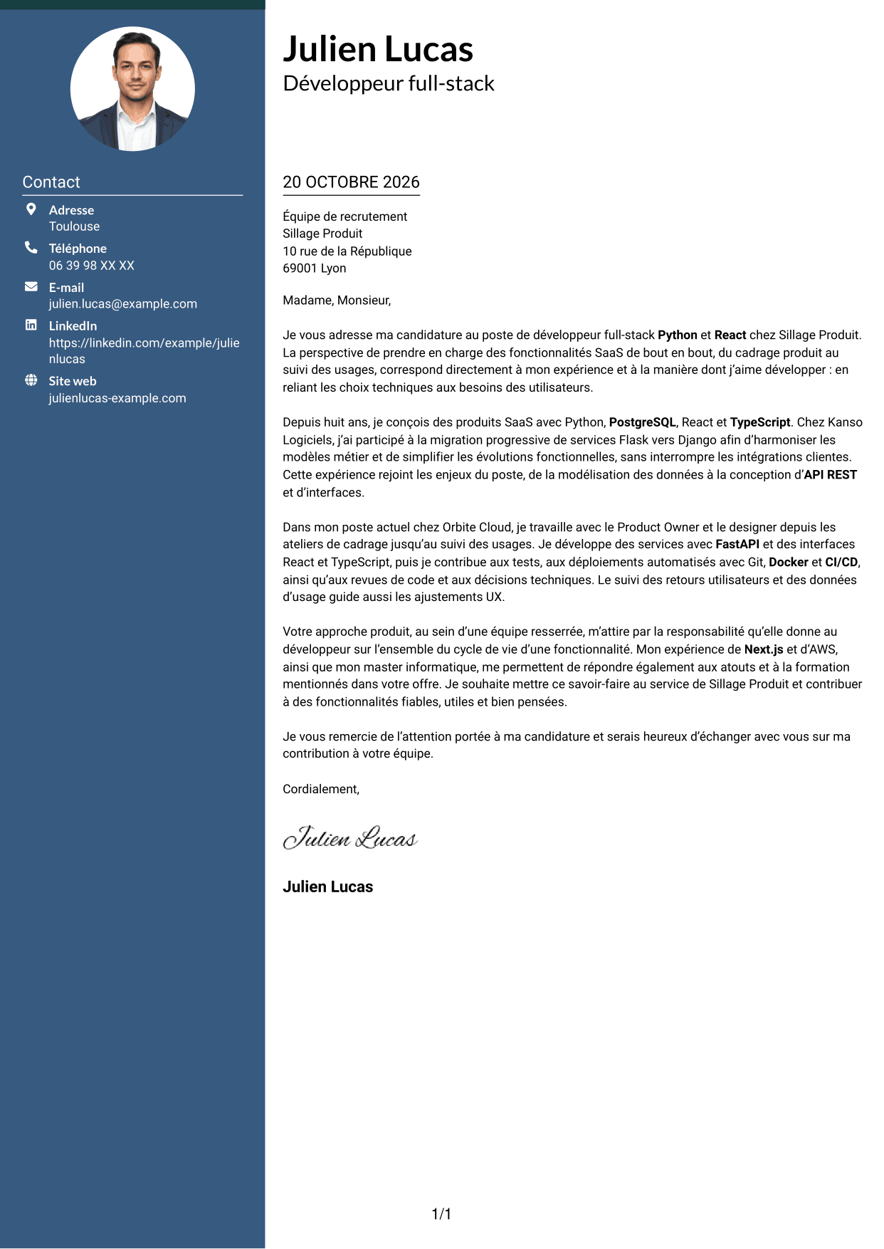 Lettre de motivation Élégant (format à colonne latérale colorée avec photo) : Développeur full-stack Python - React, page 1