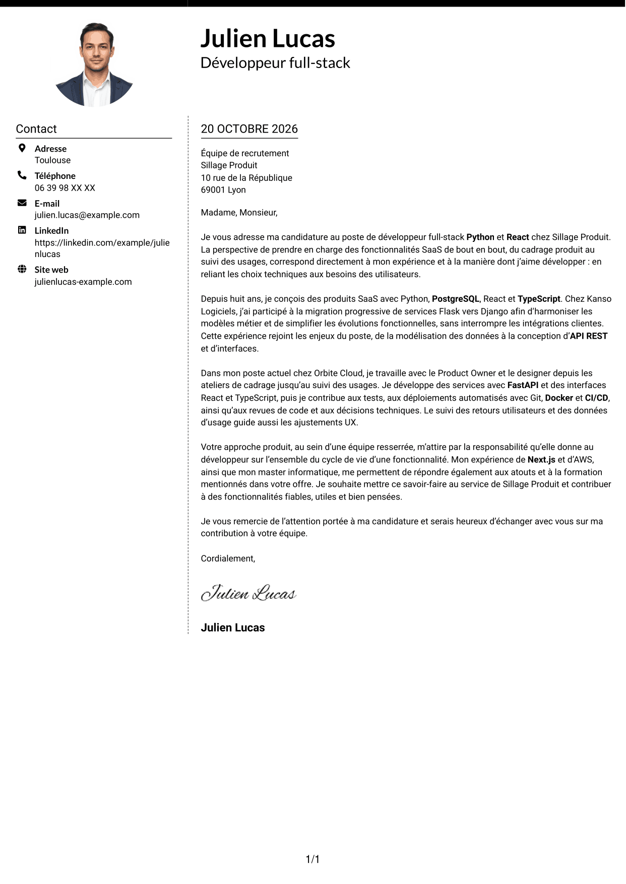 Lettre de motivation Moderne (format à deux colonnes avec photo à gauche et séparateur) : Développeur full-stack Python - React, page 1