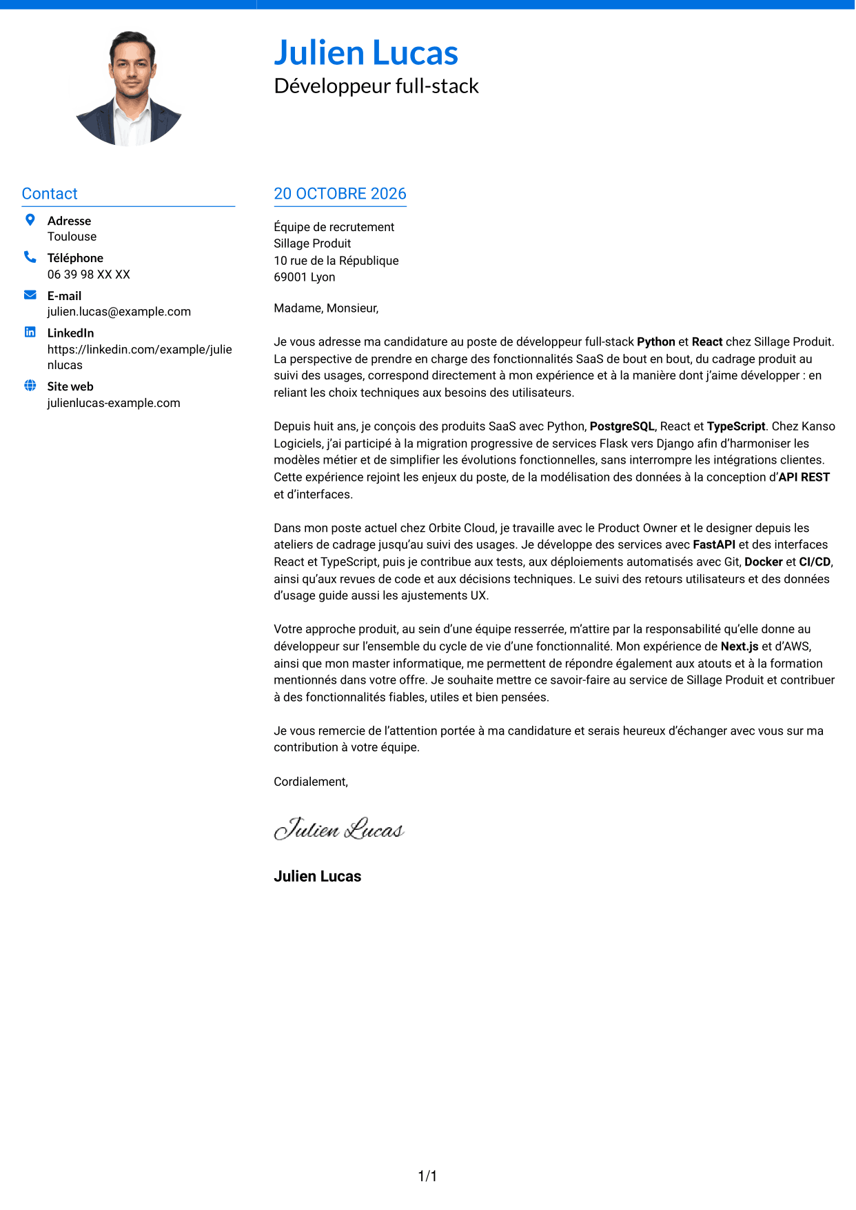 Lettre de motivation Audacieux (format à deux colonnes avec accents colorés et photo) : Développeur full-stack Python - React, page 1